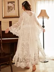 PalaceNights Floral Embroidery Pajama Night Dress & Tie Front Robe White Set, Fall Winter Clothes - White - View 2