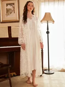 PalaceNights Floral Embroidery Pajama Night Dress & Tie Front Robe White Set, Fall Winter Clothes - White - View 3