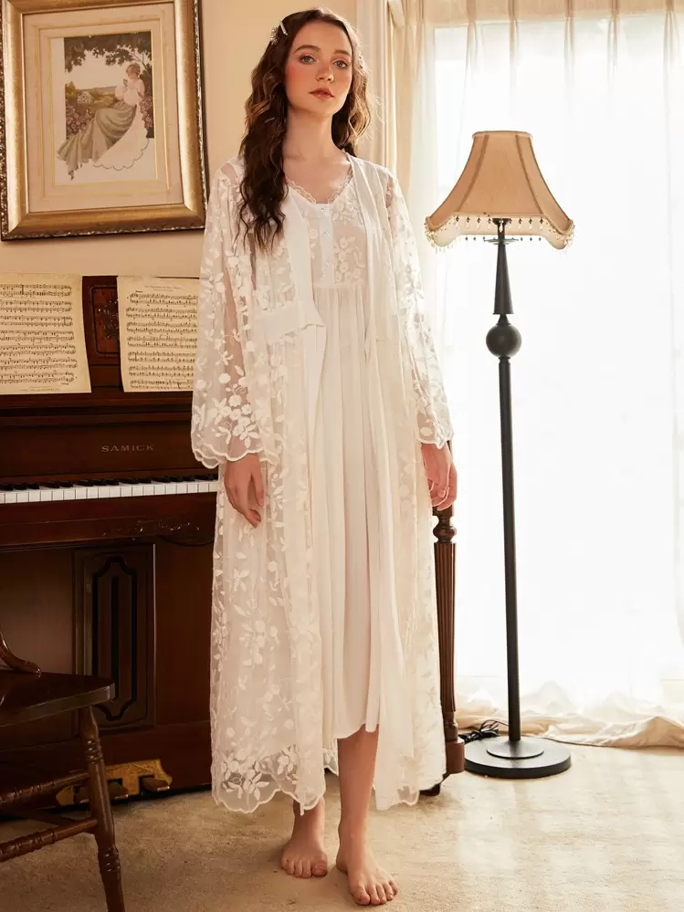 Floral Embroidery Pajama Night Dress & Tie Front Robe White Set, Fall Winter Clothes - White - View 3