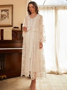 PalaceNights Floral Embroidery Pajama Night Dress & Tie Front Robe White Set, Fall Winter Clothes - White - View 4