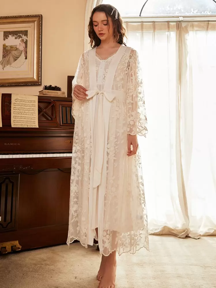 Floral Embroidery Pajama Night Dress & Tie Front Robe White Set, Fall Winter Clothes - White - View 4