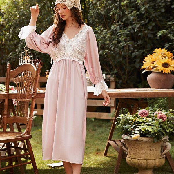 

Contrast Lace Panel Night Dress, Dusty pink