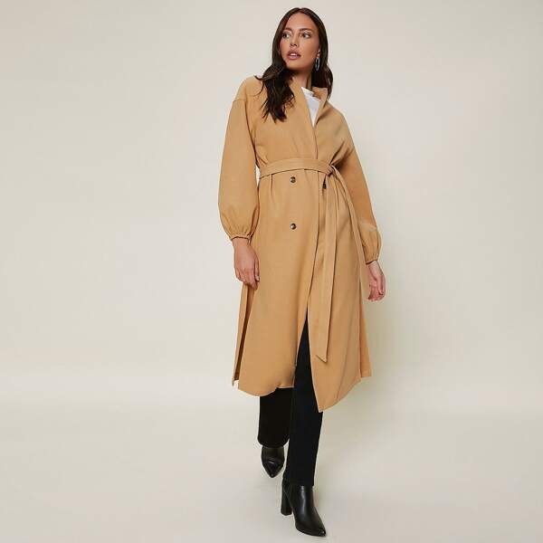 

Drop Shoulder Self Belted Pea Coat, Camel