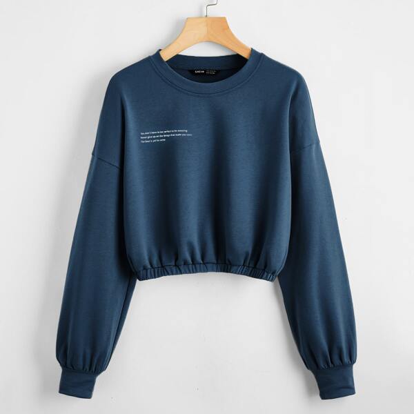 

Drop Shoulder Slogan Graphic Crop Pullover, Teal blue