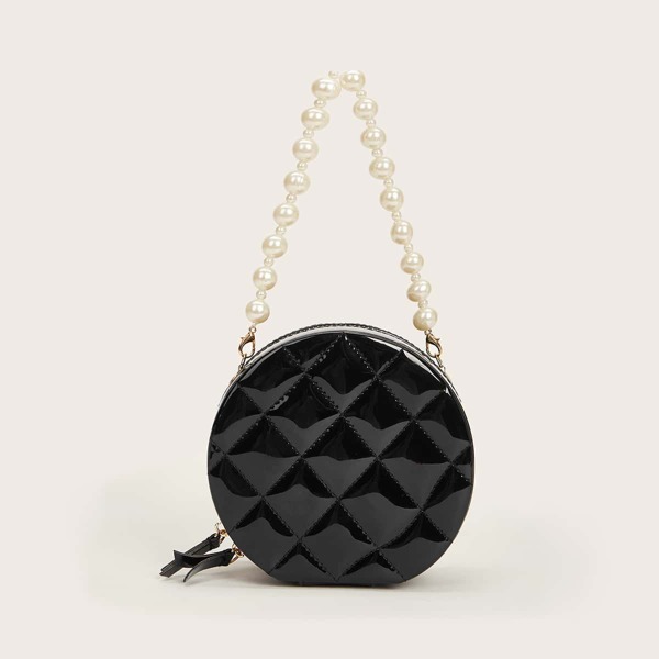 

Mini Faux Pearl Beaded Quilted Circle Bag, Black