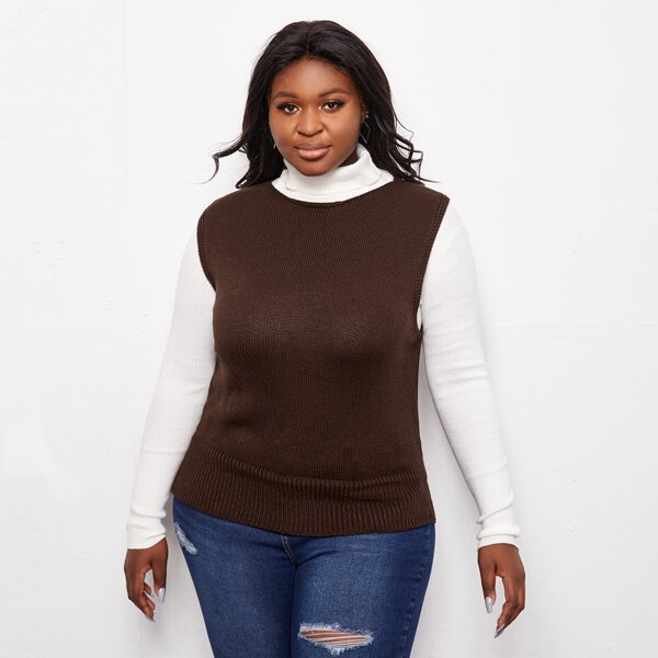 

Plus Drawstring Hem Sweater Vest, Chocolate brown