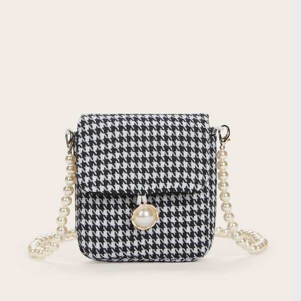 

Mini Faux Pearl Beaded Houndstooth Clutch Bag, Black and white