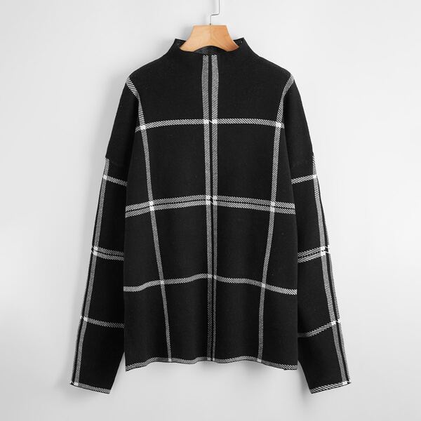 

Plus Drop Shoulder Plaid Sweater, Black
