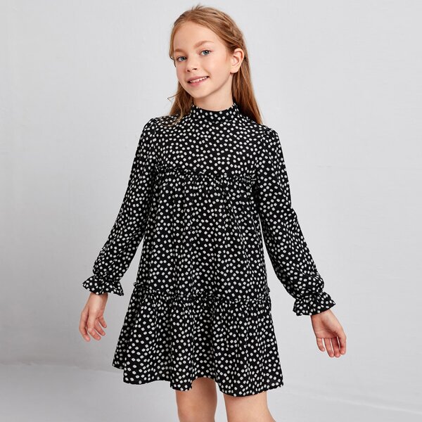 

Girls Mock Neck Frill Detail Ditsy Floral Dress, Black
