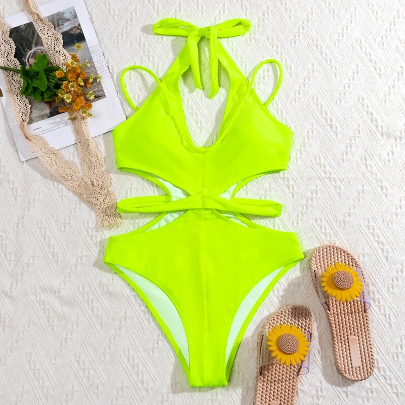 

Neon Lime Cut-out One Piece Swimsuit, Lime green