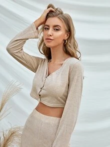 Button Front Crop Top & Joggers - Khaki - View 3