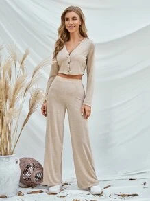 Button Front Crop Top & Joggers - Khaki - View 4
