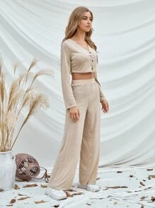 Button Front Crop Top & Joggers - Khaki - View 5