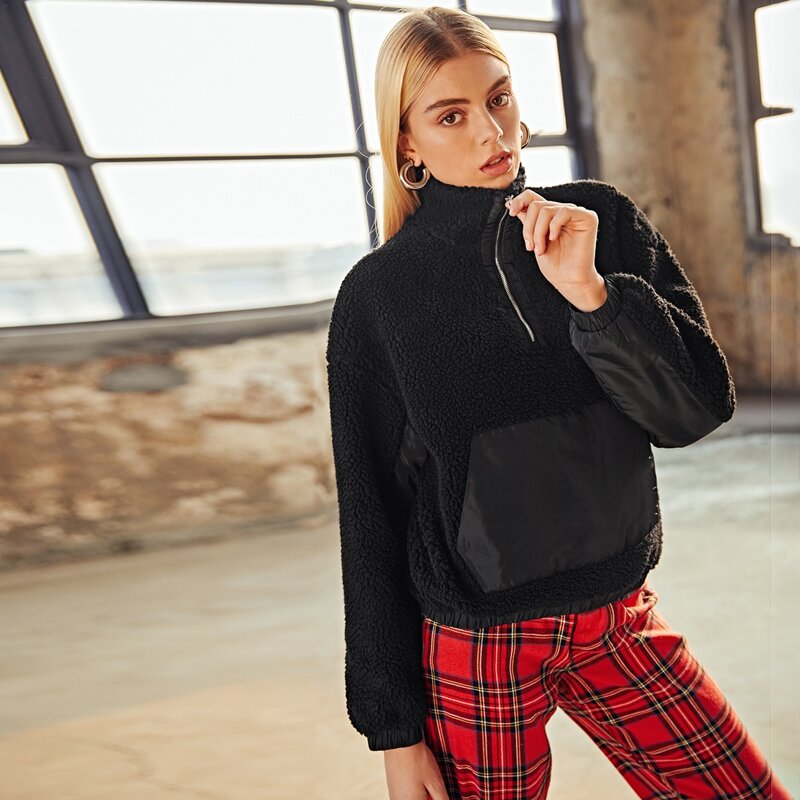 

O-ring Zip Half Placket Teddy Sweatshirt, Black