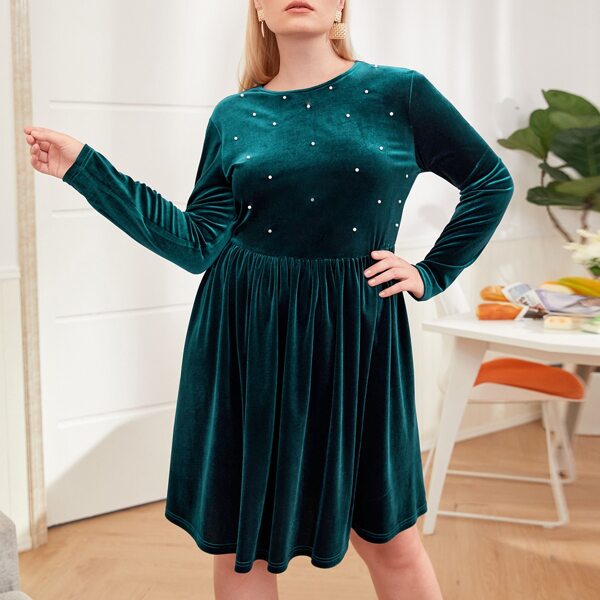 

Plus Pearl Beaded Velvet Dress, Dark green