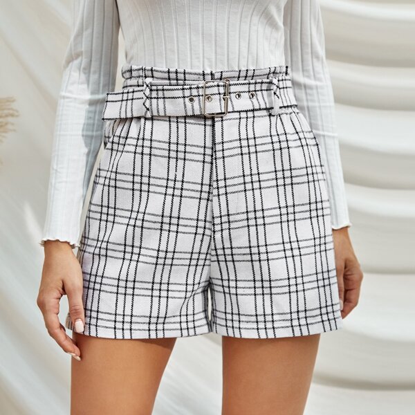 

Plaid Straight Leg Belted Shorts, White