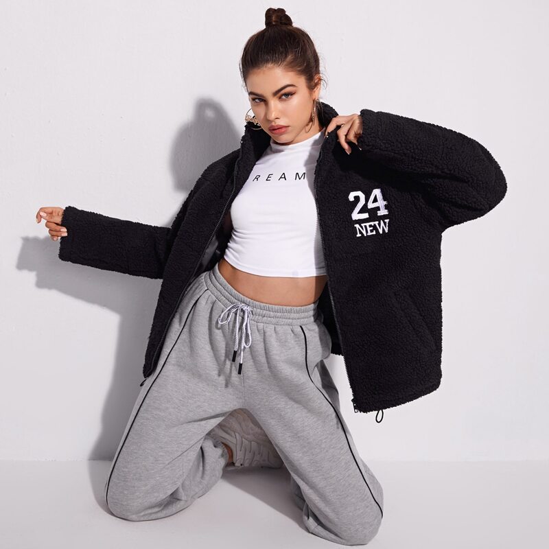 

Letter & Number Embroidery Teddy Jacket, Black