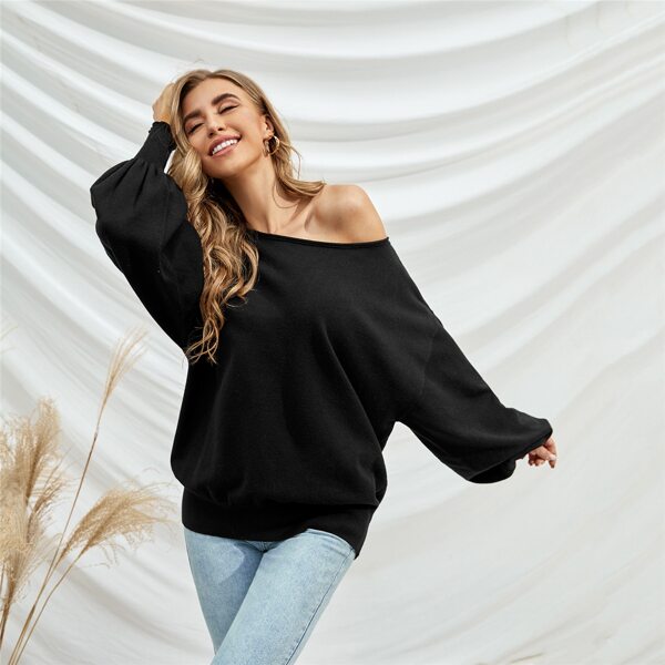 

Boat Neck Bishop Sleeve Oversized Sweater, Black