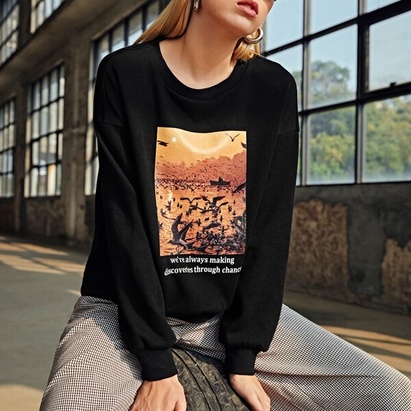

Animal & Slogan Graphic Drop Shoulder Sweatshirt, Black