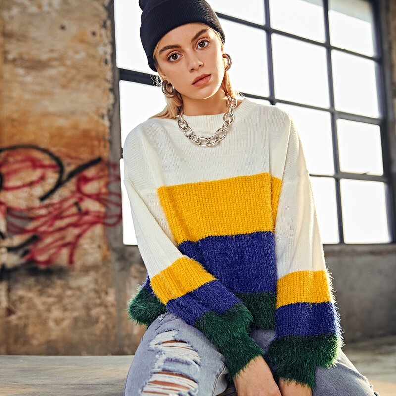 

Color Block Lantern Sleeve Sweater, Multicolor