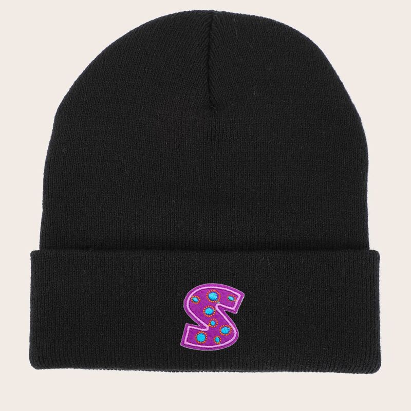 

Letter Embroidery Knit Beanie, Black