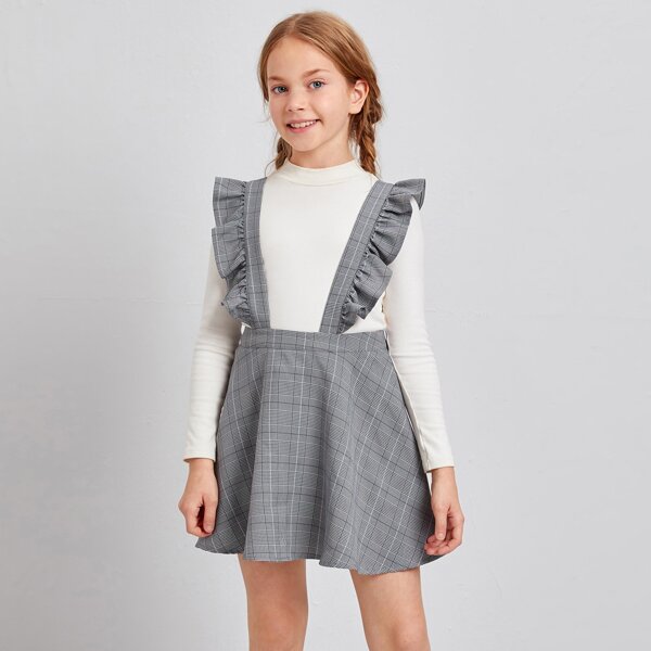 

Girls Plaid Ruffle Trim Overall Dress, Grey