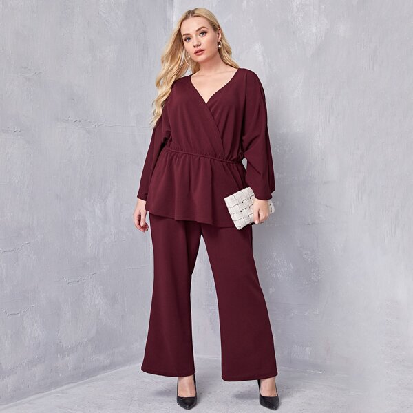 

Plus Surplice Neck Peplum Blouse & Pants, Maroon