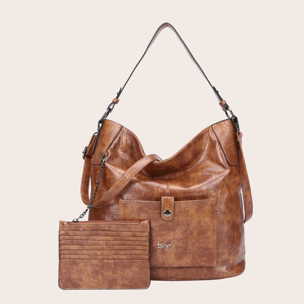 

Pocket Front Hobo Bag With Purse, Brown