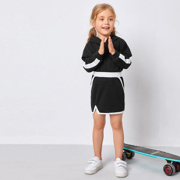 

Toddler Girls Colorblock Drop Shoulder Hoodie With Skirt, Black