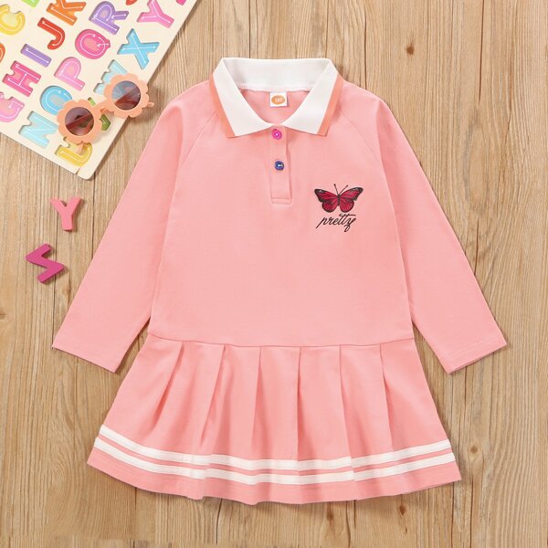

Toddler Girls Butterfly Print Polo Neck Pleated Hem Dress, Coral pink