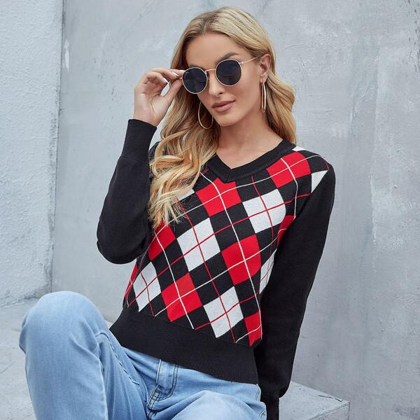 

V Neck Argyle Pattern Sweater, Multicolor
