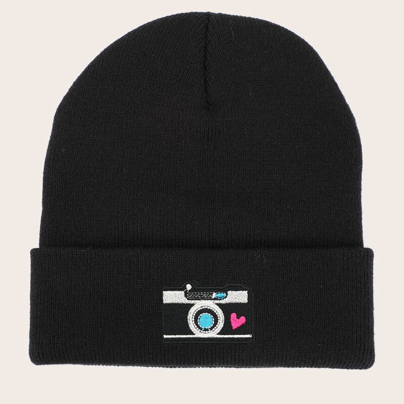 

Camera Embroidery Knit Beanie, Black
