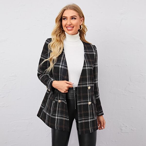 

Double Breasted Plaid Tweed Blazer, Black