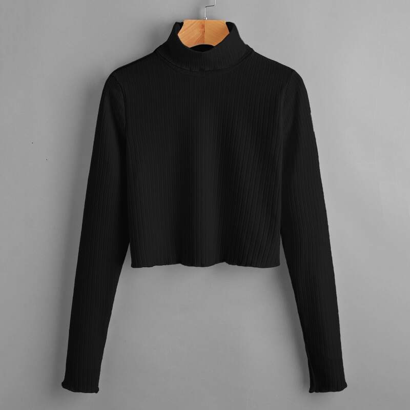 

Solid High Neck Ribbed Crop Tee, Black