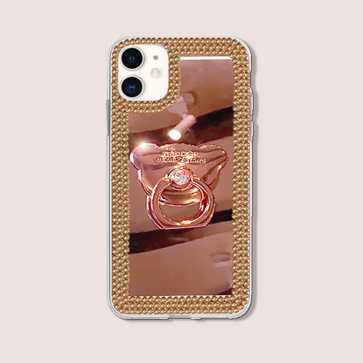 

Rhinestone Decor Mirror iPhone Case & Bear Ring Holder, Rose gold
