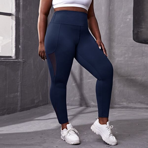

Plus Mesh Panel Sports Leggings, Navy blue