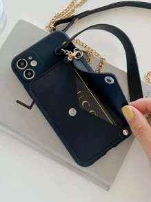 1 PC Da Pu Đeo Thẻ Vỏ Điện Thoại Có Dây Xích Dài Tương Thích Với Iphone - màu đen - Xem 2