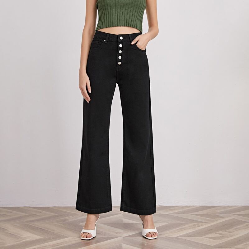 

High Waisted Button Front Slant Pocket Jeans, Black
