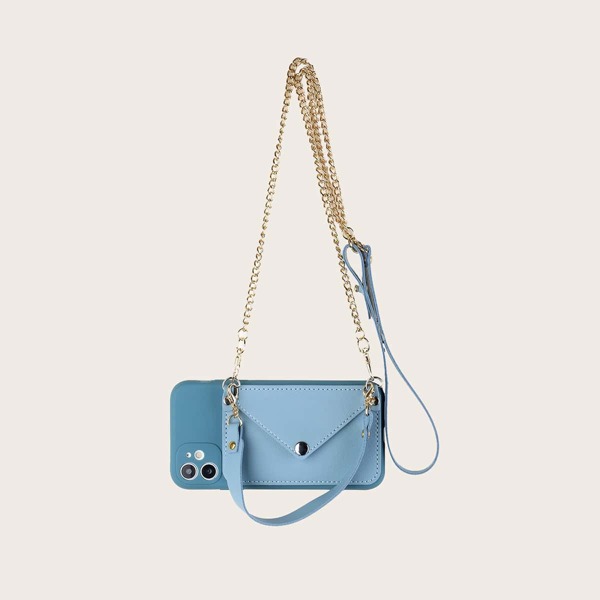 

1pc Chain Detail Wallet iPhone Case, Dusty blue