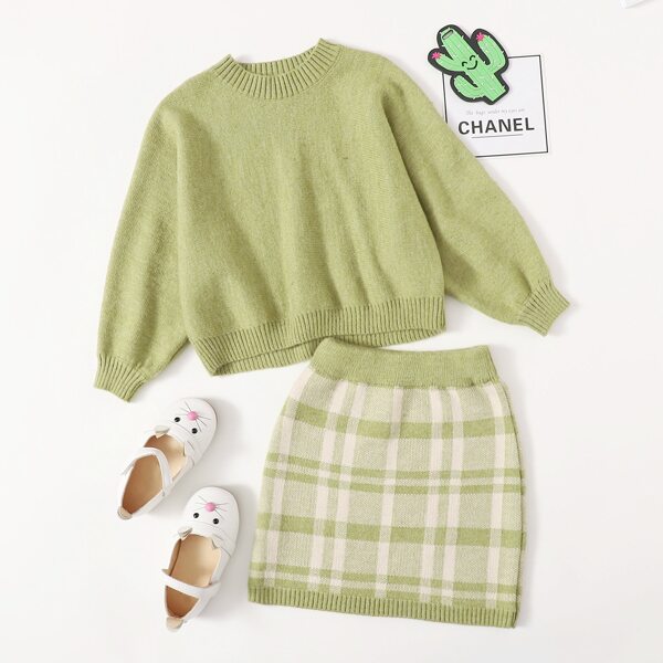 

Toddler Girls Batwing Sleeve Sweater & Plaid Skirt, Lime green