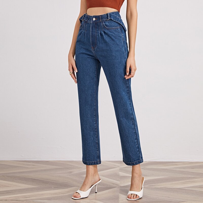 

Dark Wash High Waist Buckle Strap Jeans