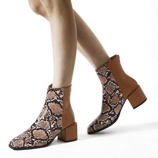 

Contrast Snakeskin Chunky Ankle Boots, Brown