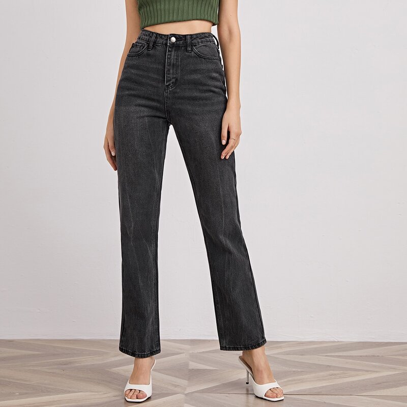 

High Waist Straight Leg Jeans, Black