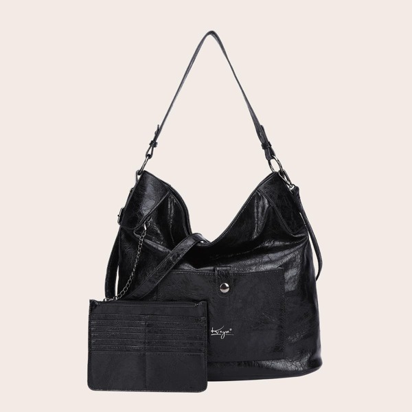 

Pocket Front Hobo Bag With Purse, Black