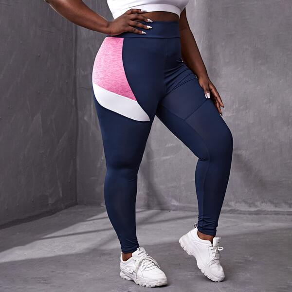 

Plus Contrast Panel Sports Leggings, Navy blue