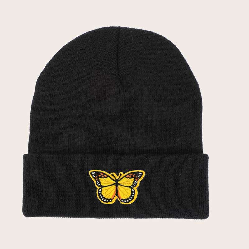 

Butterfly Embroidery Knit Beanie, Black