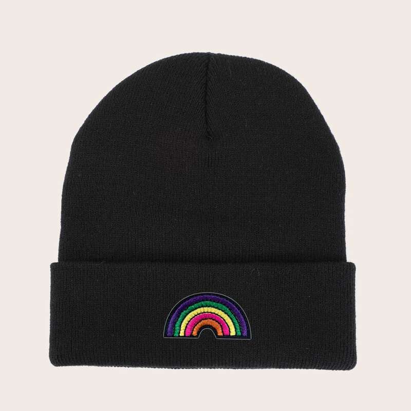 

Rainbow Embroidery Knit Beanie, Black