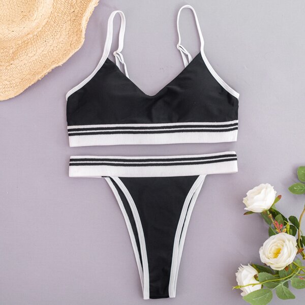 

Rib Contrast Trim Thong Bikini Swimsuit, Black