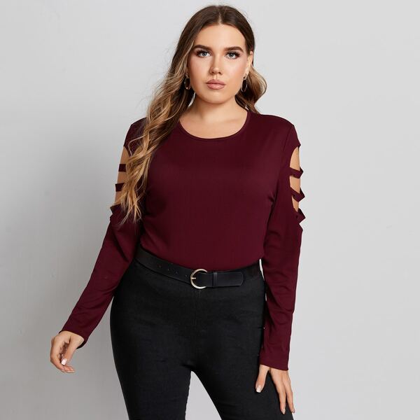 

Plus Cut Out Sleeve Rib-knit Tee, Maroon