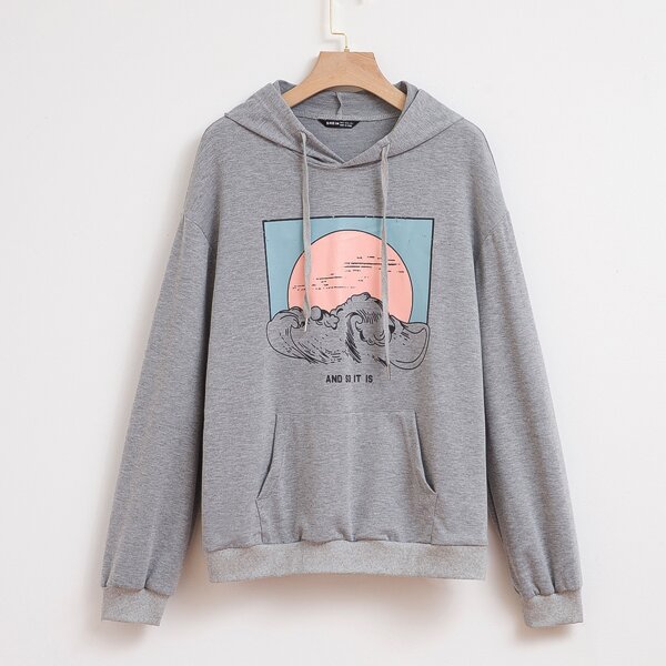

Great Wave And Slogan Graphic Hoodie, Grey
